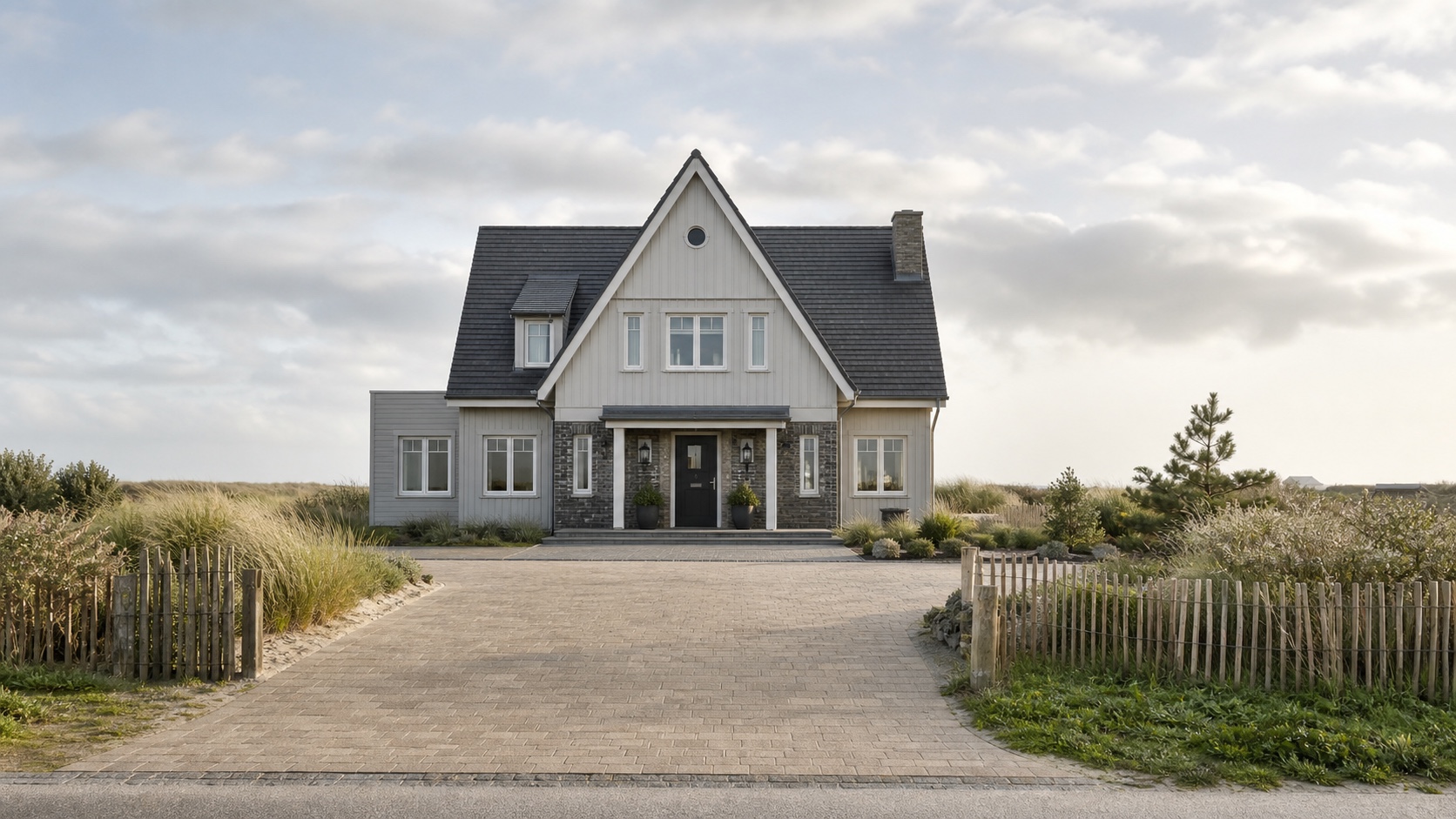 Norddeutsches Küstenhaus bei St. Peter-Ording, frontal von der Einfahrt fotografiert