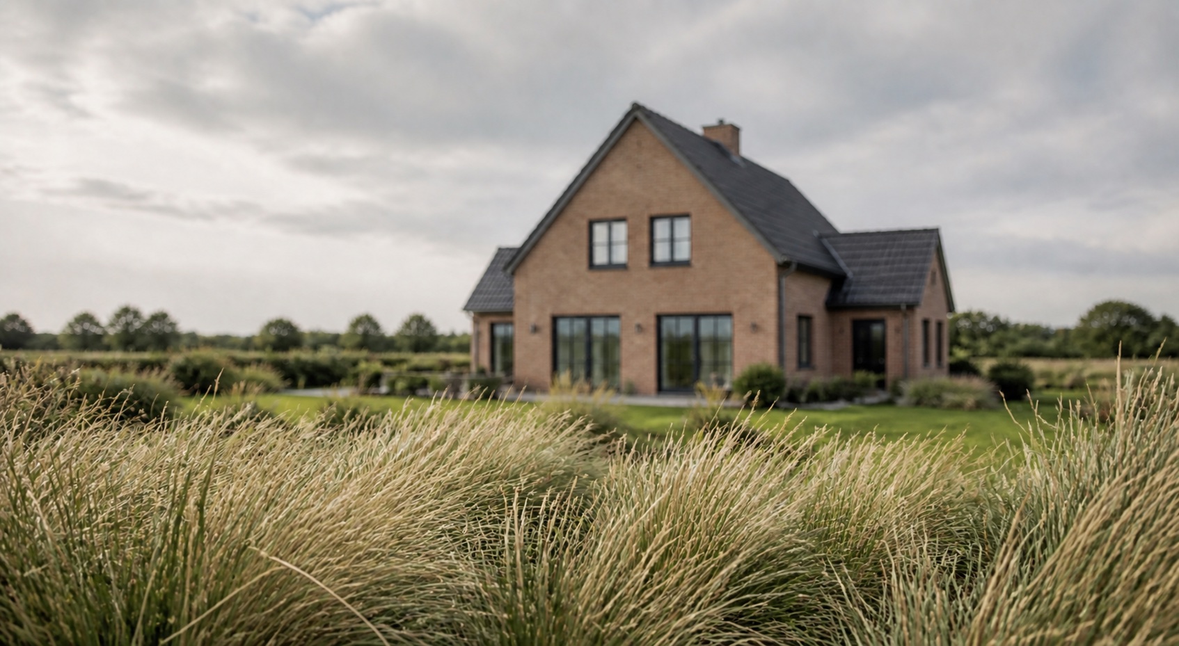 Vollständig sichtbares Klinkerhaus in Nordfriesland hinter scharf fokussierten Gräsern